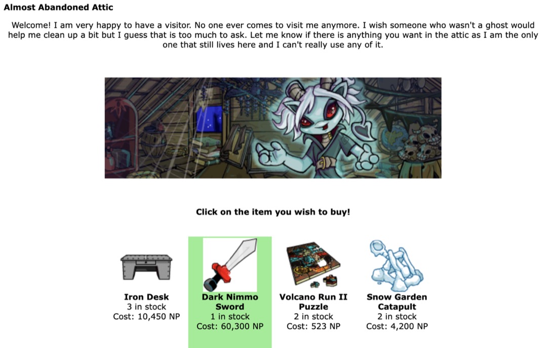 NeoBuyer highlighting a Dark Nimmo Sword in the Almost Abandoned Attic