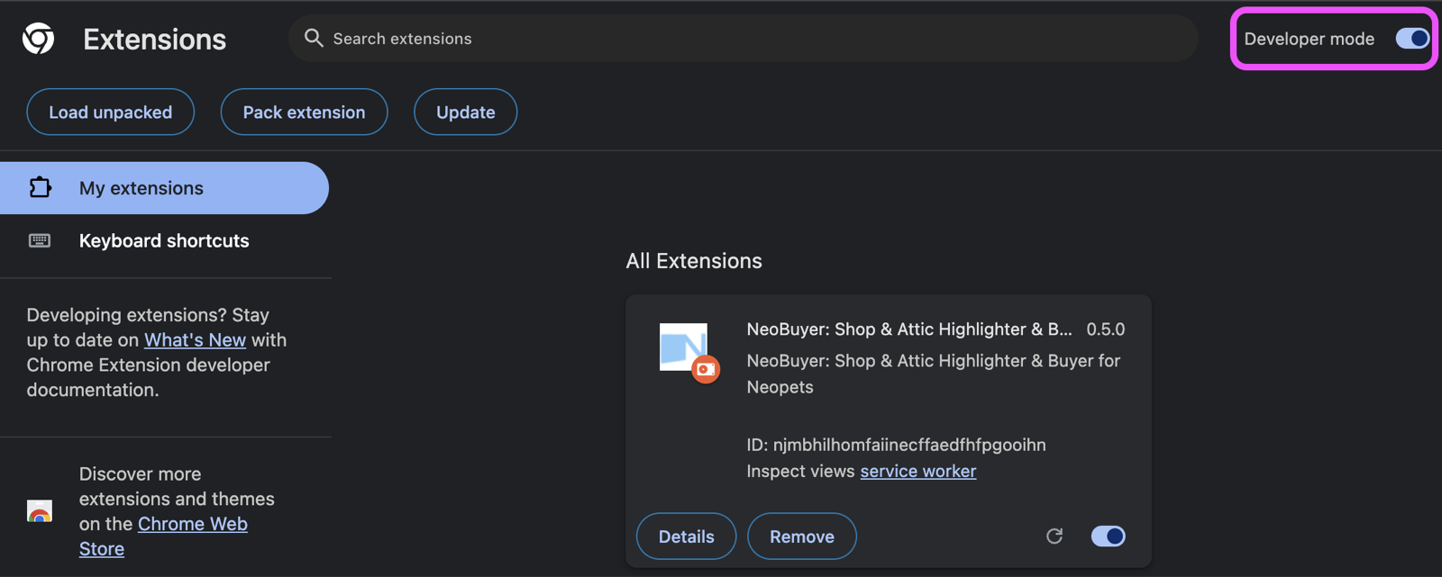 Developer mode switch enabled in the upper-right corner of Chrome Extensions