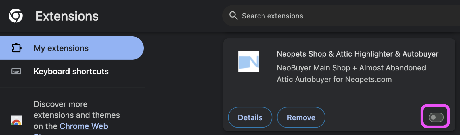 Switch used to disable the old NeoBuyer extension in Chrome Extensions