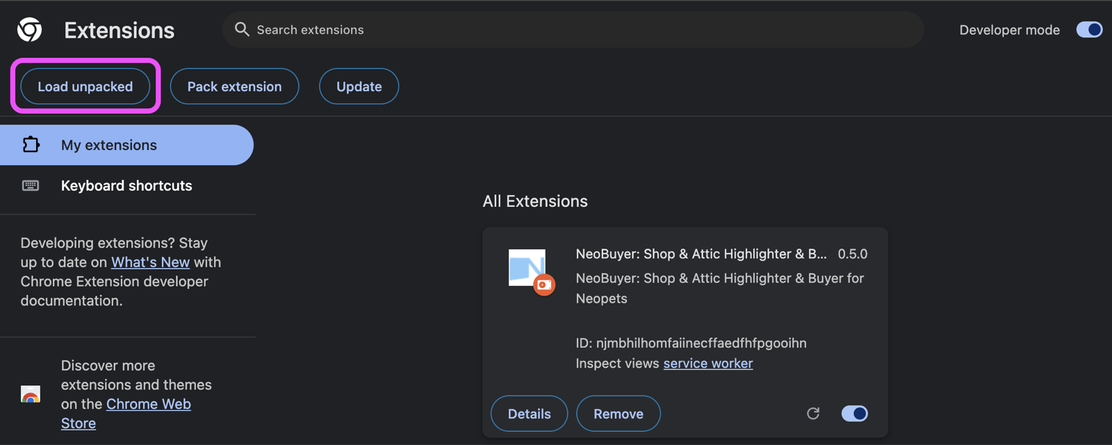 Load unpacked button in the upper-left corner of Chrome Extensions