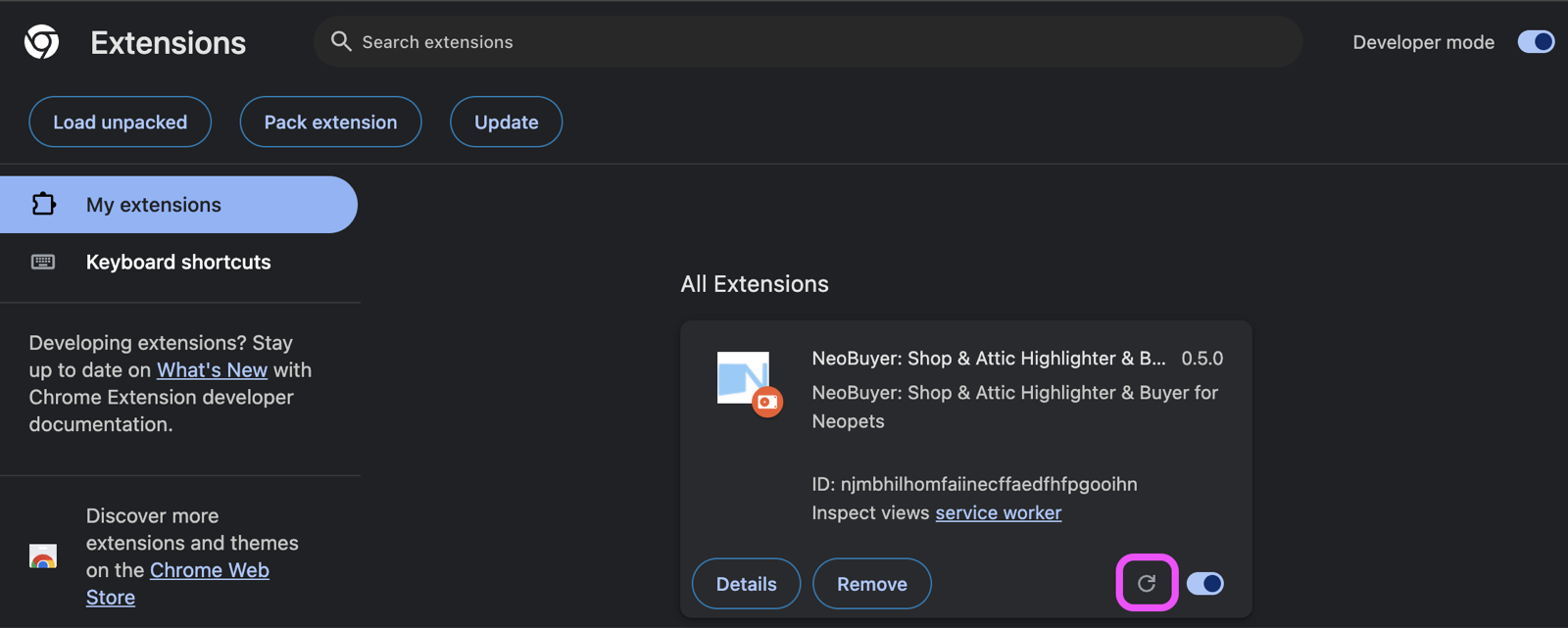 Reload button on the NeoBuyer card in Chrome Extensions