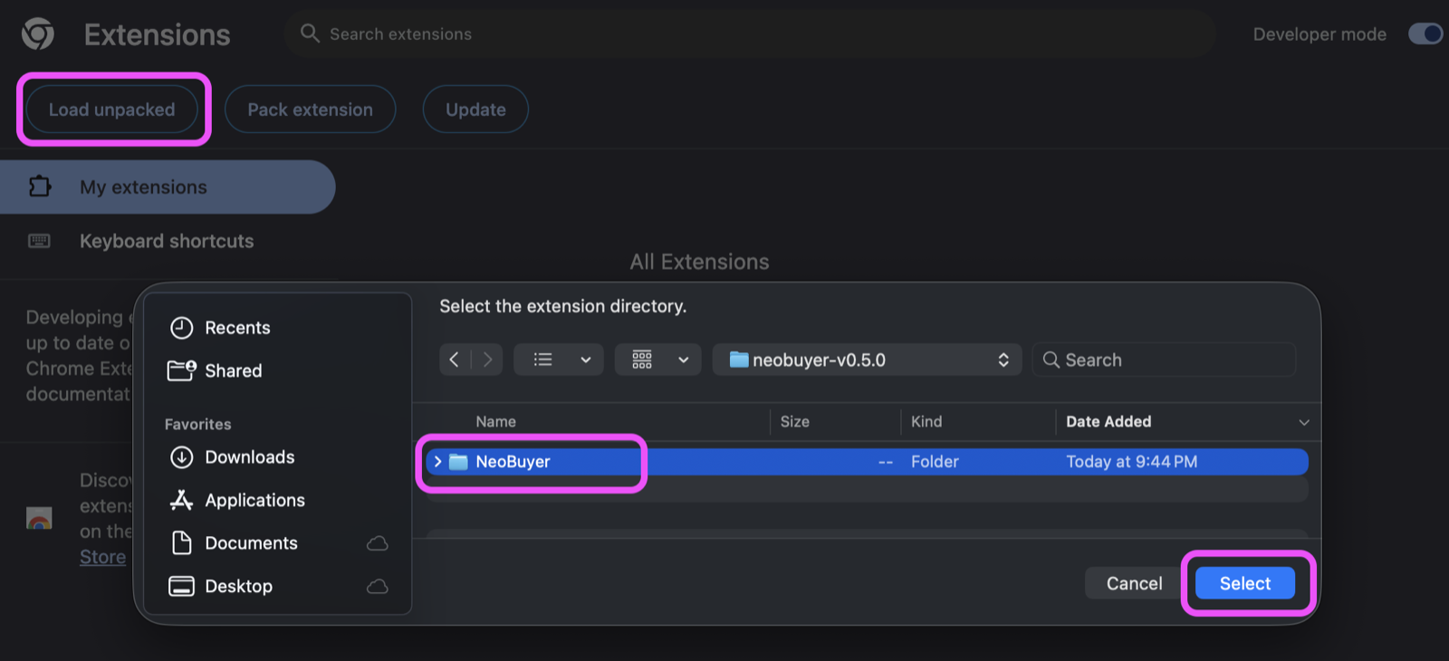 NeoBuyer folder selected in Chrome's extension-directory window