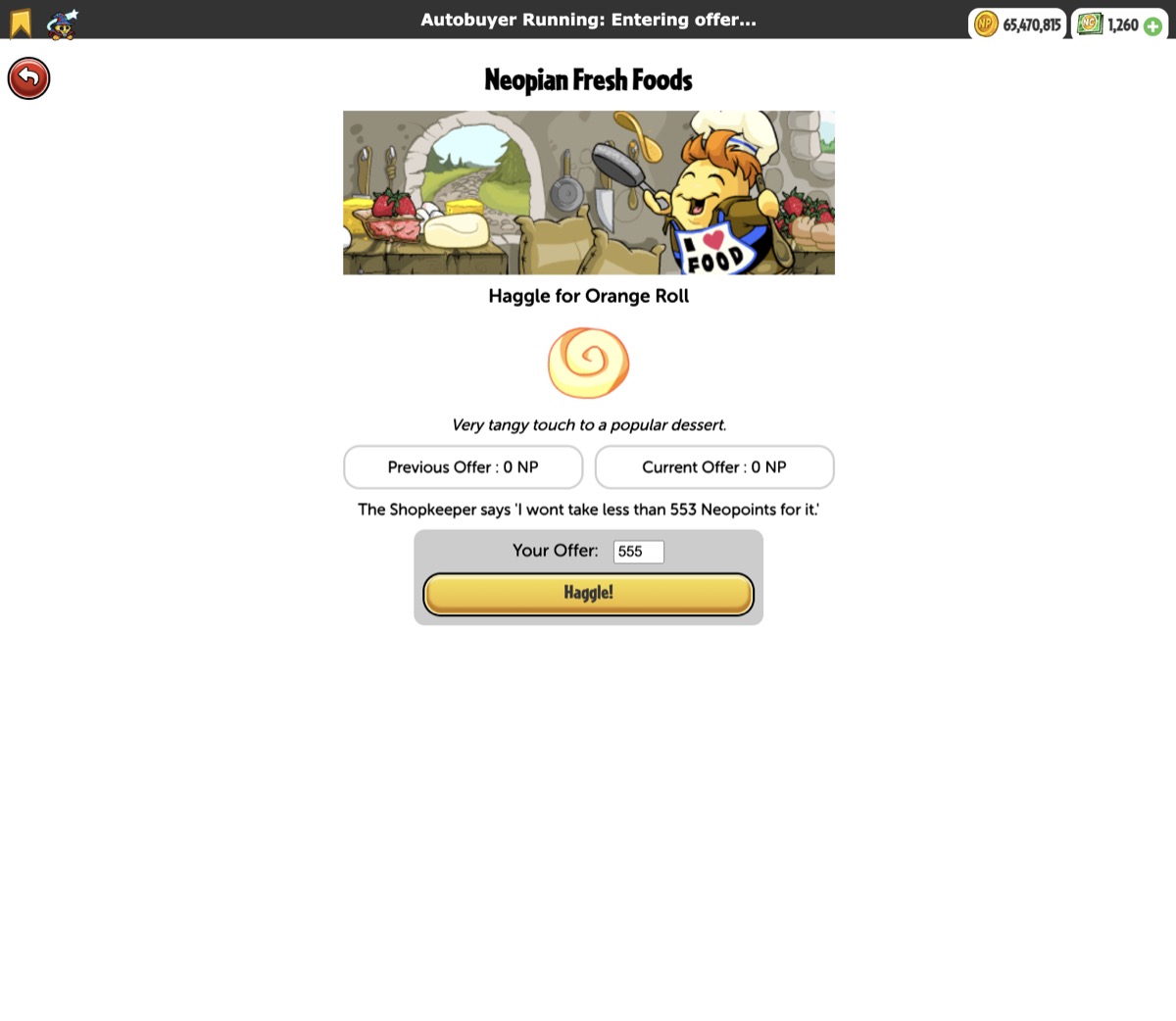 NeoBuyer entering an offer on the Neopets haggle page