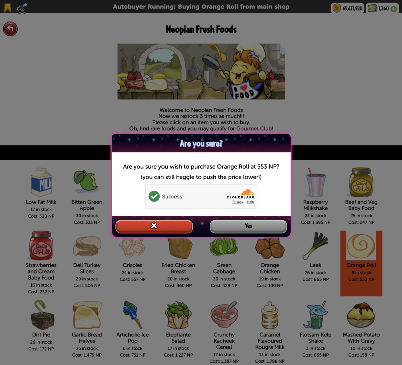 NeoBuyer selecting an Orange Roll in a Neopets main shop