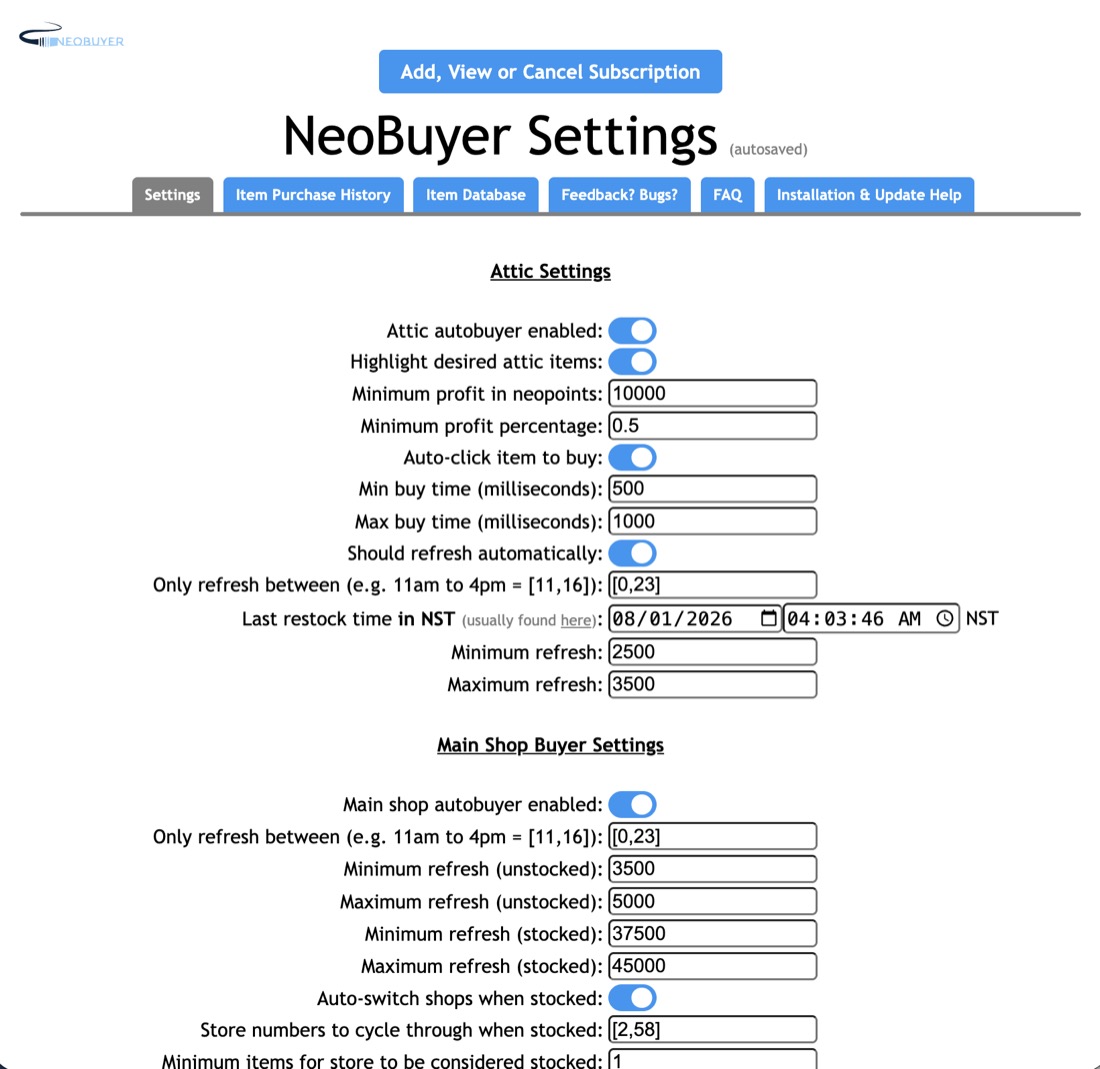 NeoBuyer Attic and main shop settings